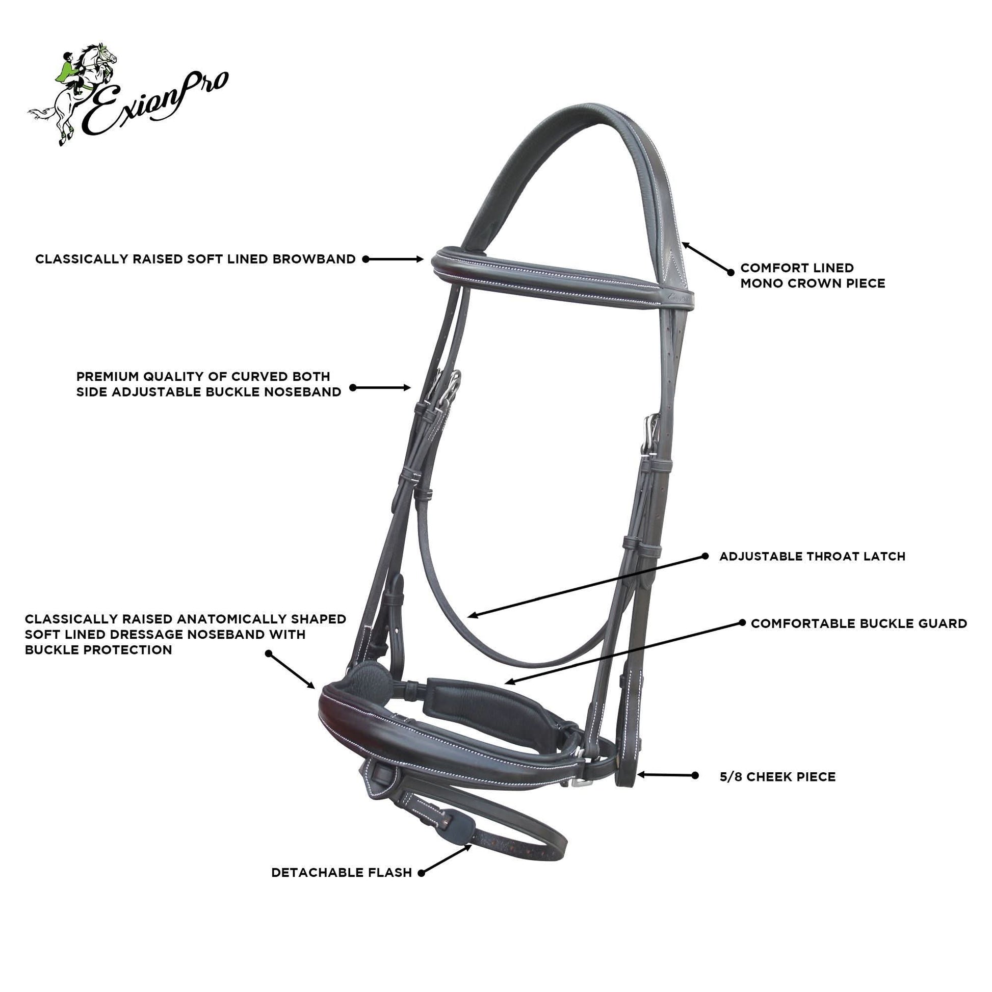ExionPro Dressage Bridle: Mono Crown, Raised Browband, Anatomical Noseband, Detachable Flash & Web Reins