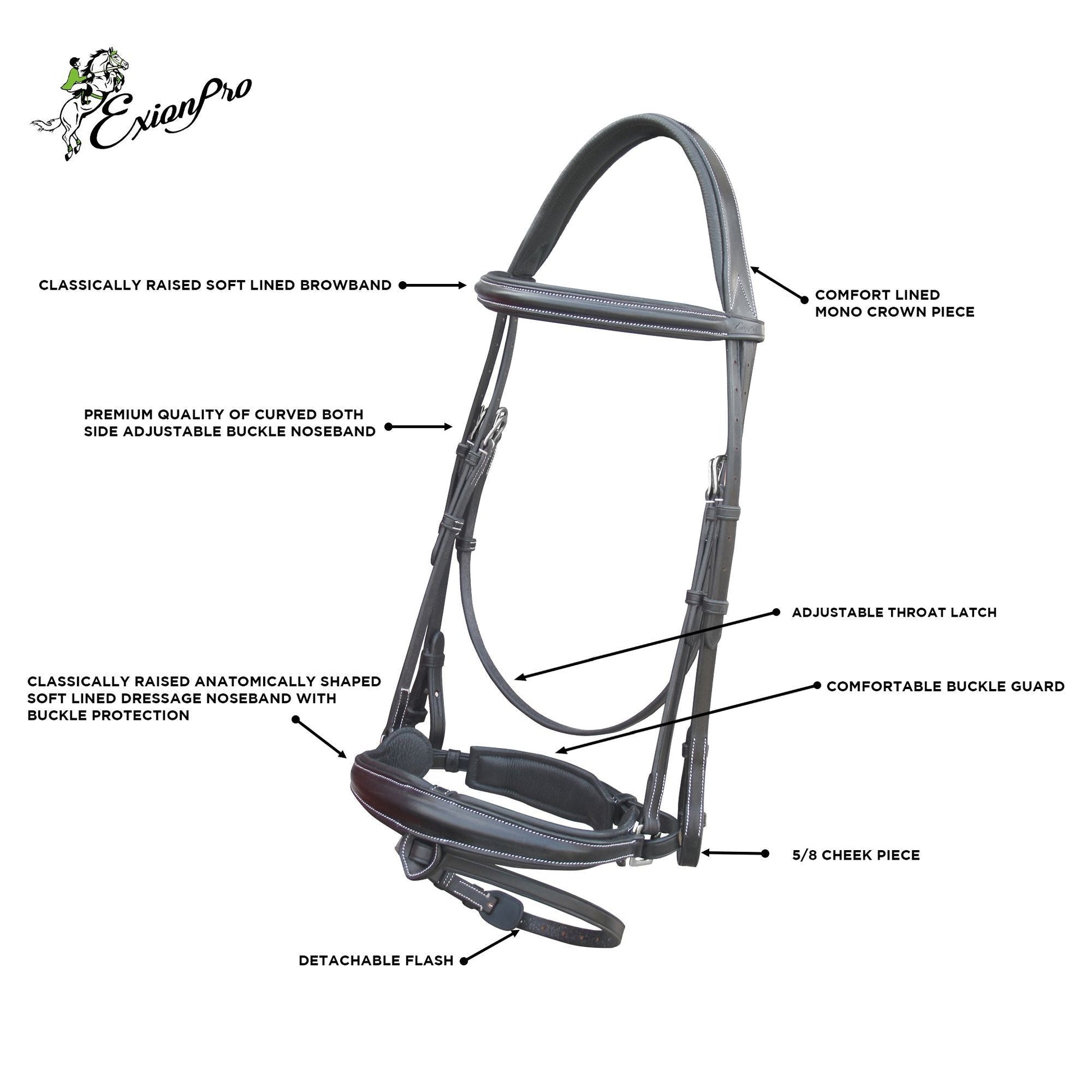 ExionPro Dressage Bridle: Mono Crown, Raised Browband, Anatomical Noseband, Detachable Flash & Web Reins