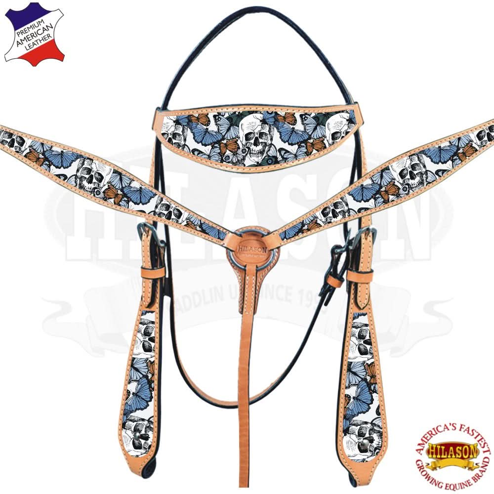Western Horse Headstall Breast Collar Set American Leather Skull Hilason