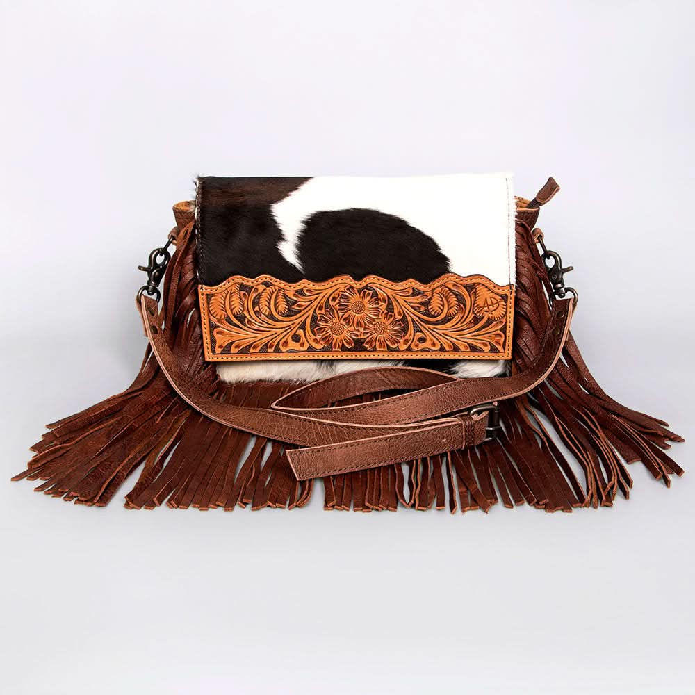American Darling ADBG524BRW Clutch Hand Tooled Hair On Genuine Leather Women Bag Western Handbag Purse