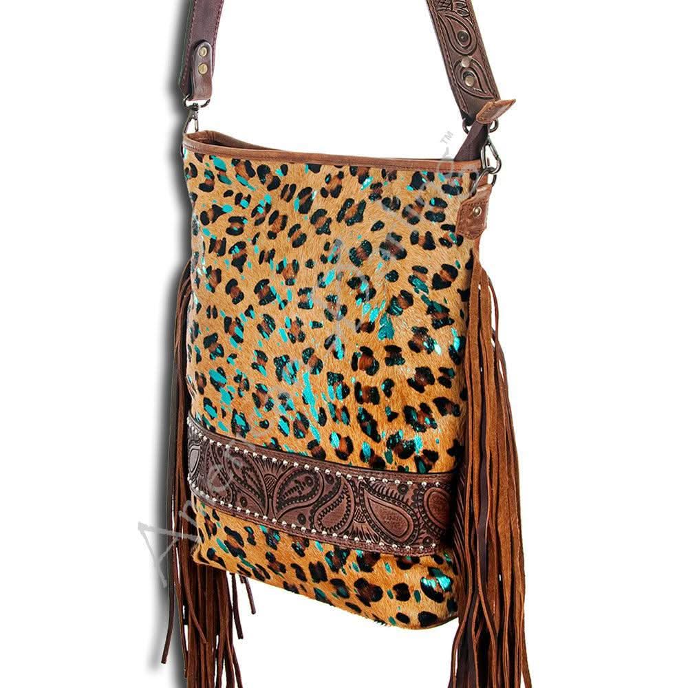 American Darling ADBG356CHETRQ Large Crossbody Hand Tooled Hair On Genuine Leather Women Bag Western Handbag Purse