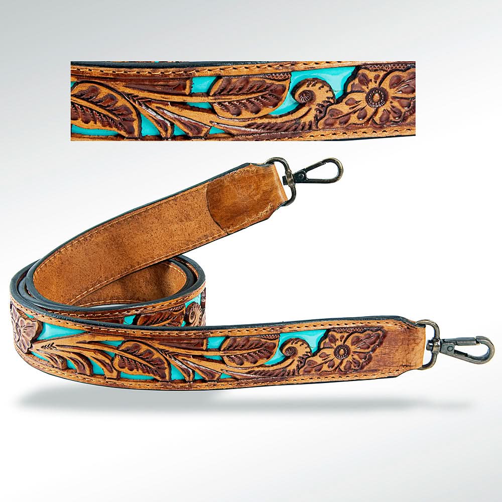 American Darling ADSTF114TRQBU Hand Tooled Genuine Leather Crossbody Handle Strap For Bags