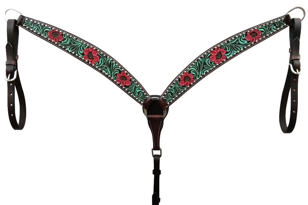 Bar H Equine American Leather Horse Saddle Tack One Ear Headstall | Breast Collar | Browband Headstall | Wither Strap | Tack Set for Horses Botanic Chiseled Collection