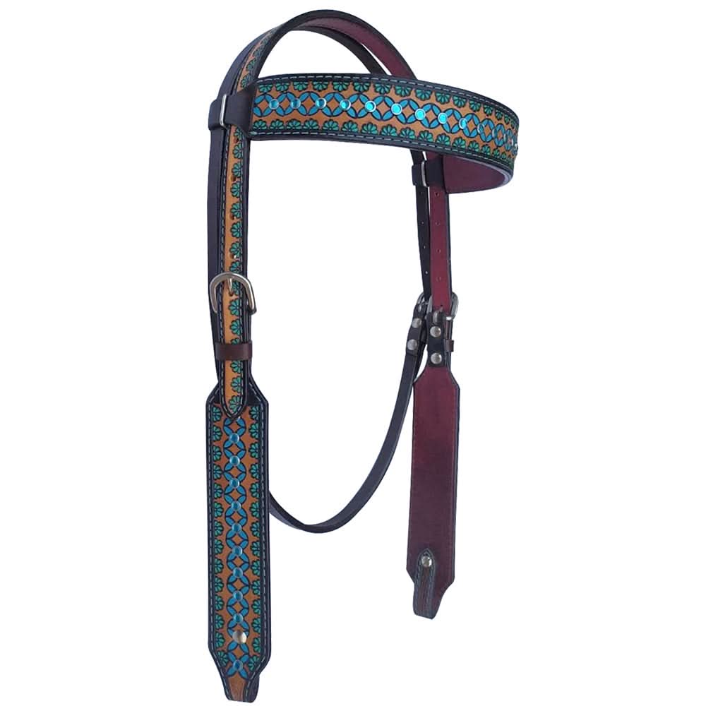 Bar H Equine American Leather Horse Saddle Tack One Ear Headstall | Breast Collar | Browband Headstall | Wither Strap | Tack Set for Horses Turquoise Symmetry Collection