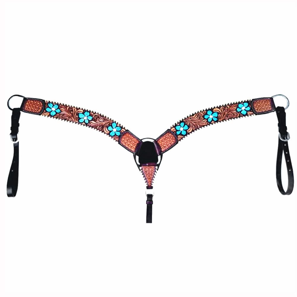 Bar H Equine American Leather Horse Saddle Tack One Ear Headstall | Breast Collar | Browband Headstall | Wither Strap | Tack Set for Horses Turquoise Bloom BER111