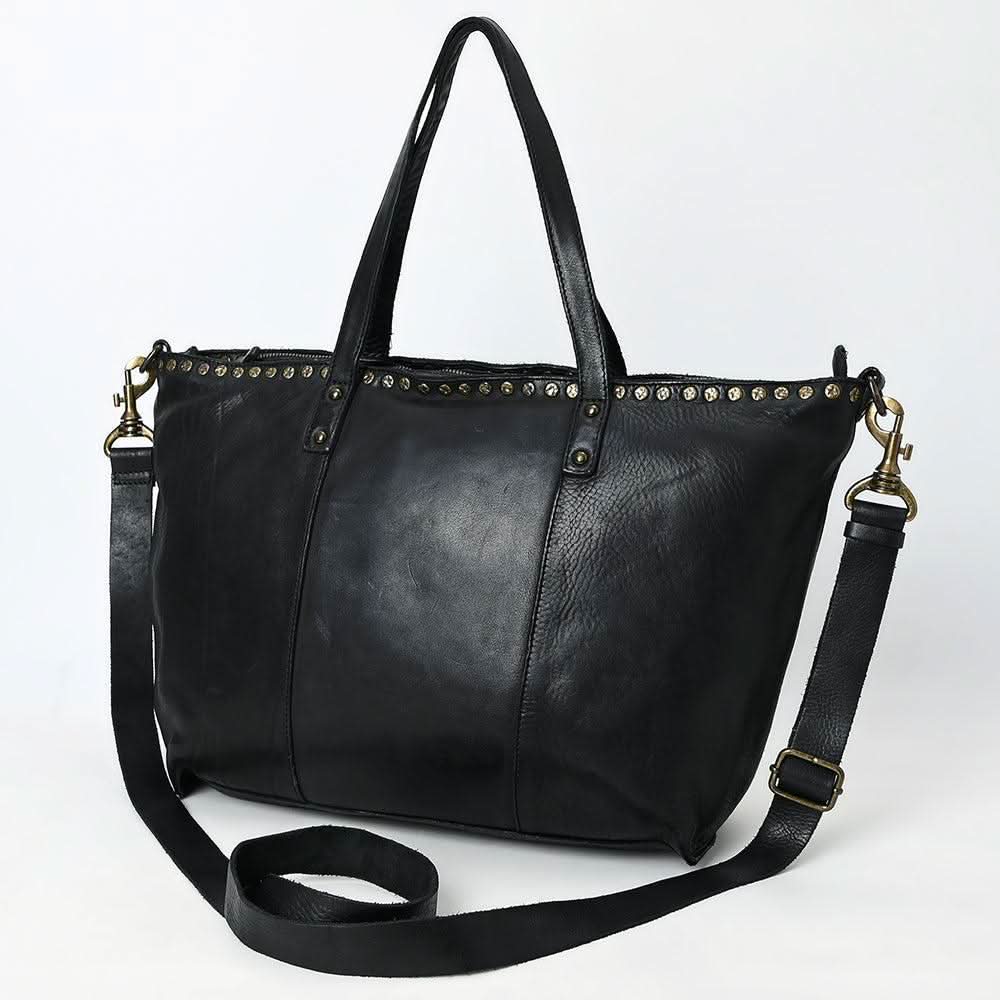 Spaghetti Western Swc135Ablk Tote Vintage Handmade Drum Dyed Genuine European Cowhide Leather Women Bag Western Handbag Purse