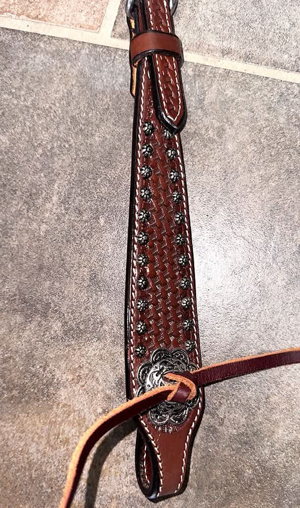 Bar H Equine Western Horse Genuine Leather Hand Tooled One Ear Headstall Dark Brown