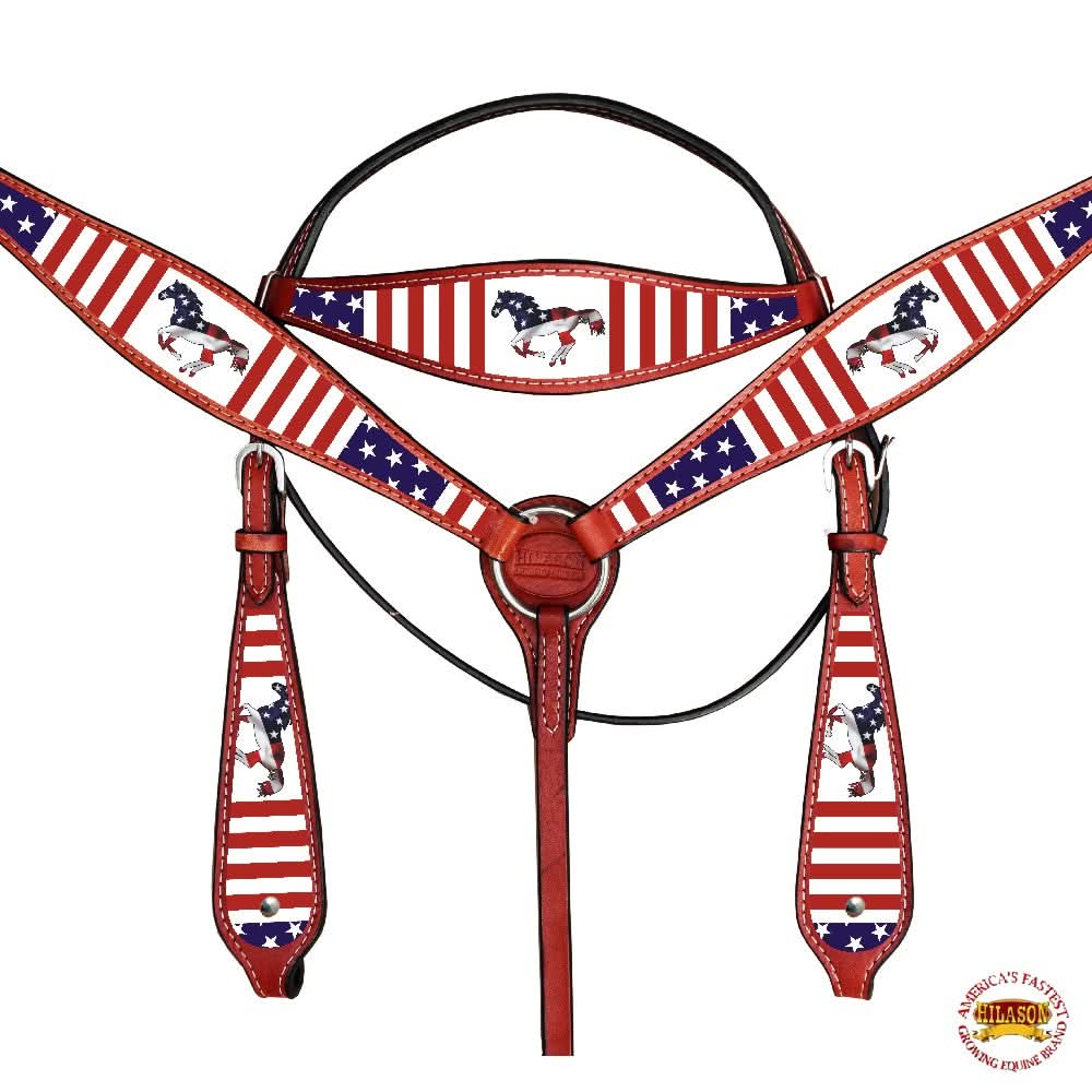 Western Horse Headstall Breast Collar American Leather Hilason US Flag