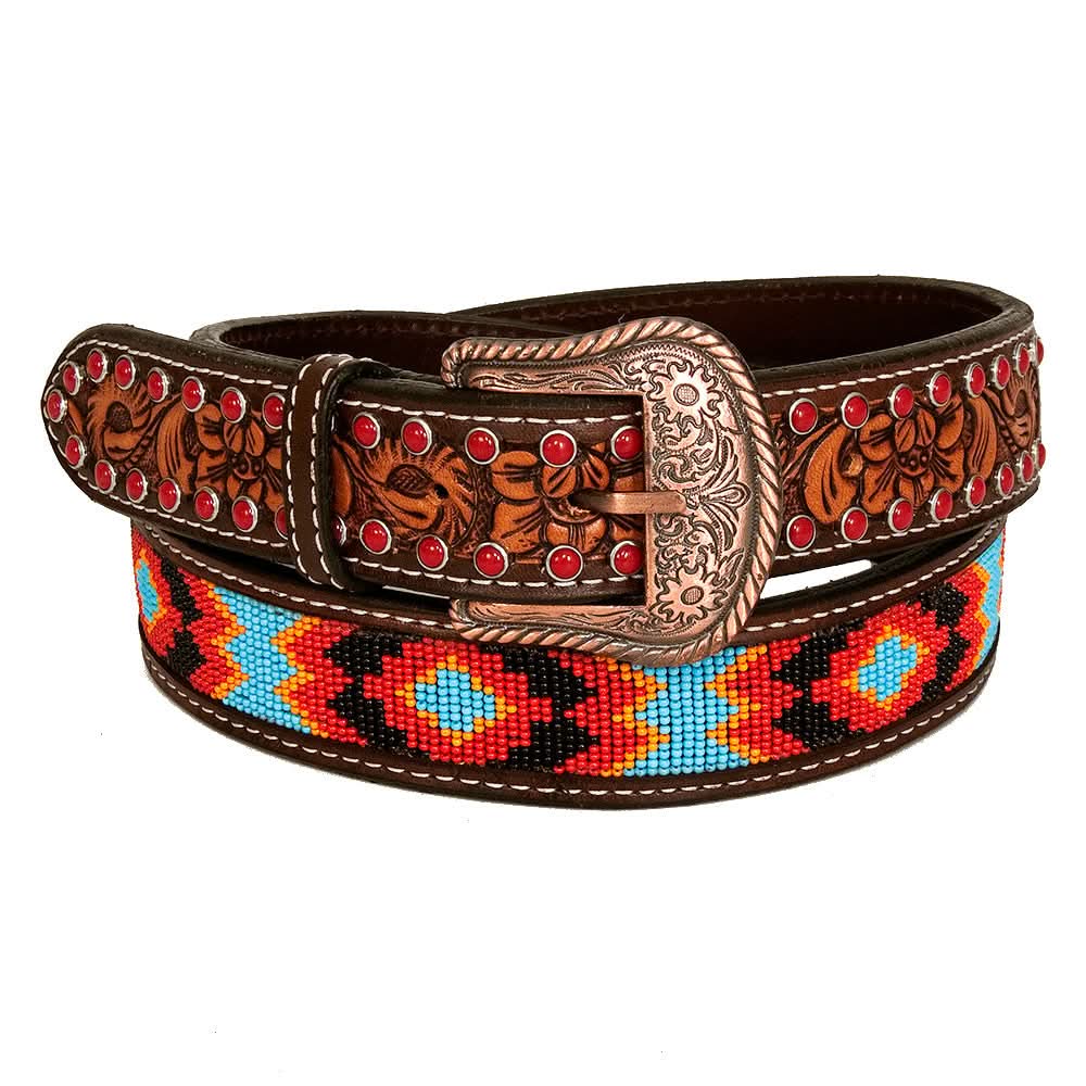 BAR H EQUINE Red Crystal Beaded Floral Hand Carved Western Leather Men And Women Belt Brown