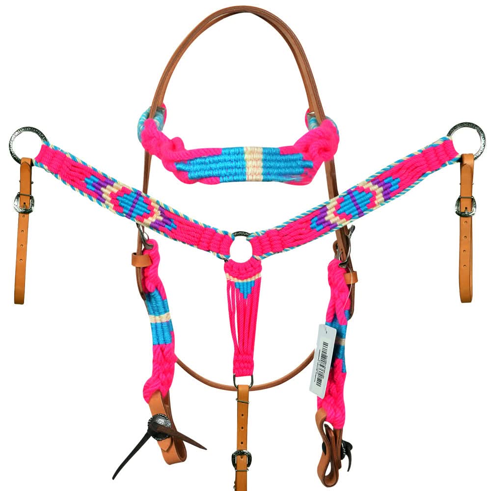 HILASON Western Wool Breast Collar Headstall Set Tack Set Turquoise & Pink