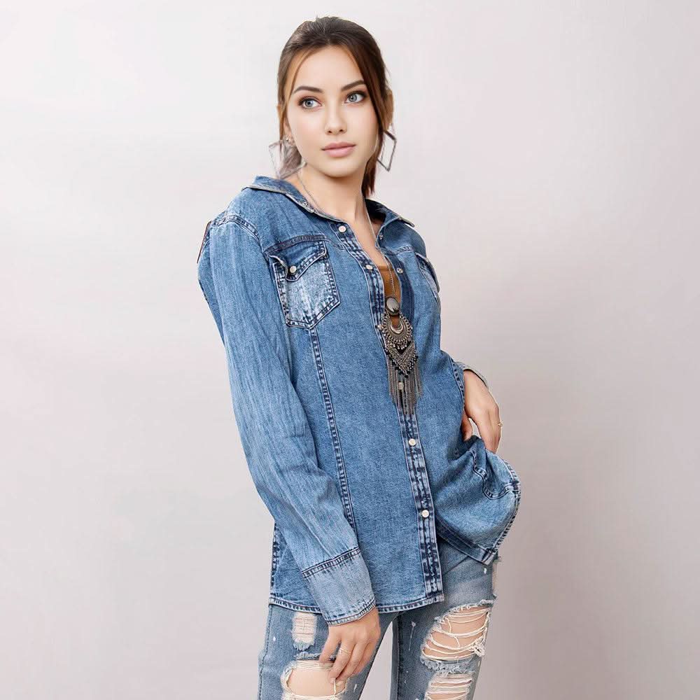 American Darling Leather Hand Tooled Carved Women Denim Shirt Jacket