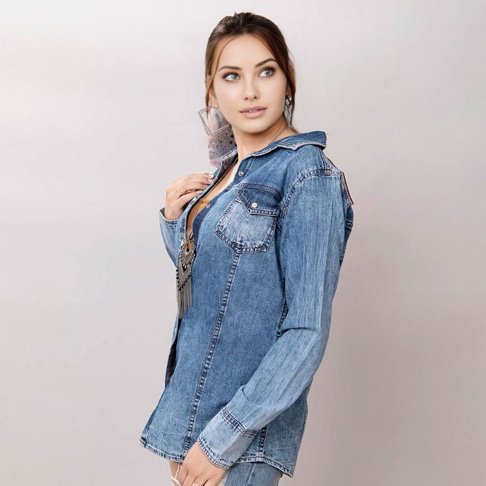 American Darling Leather Hand Tooled Carved Women Denim Shirt Jacket
