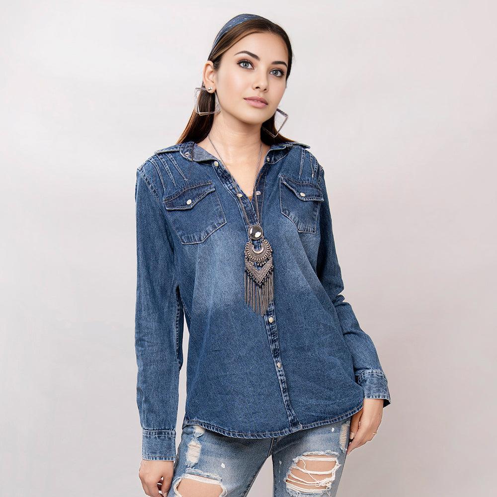 American Darling Leather Hand Tooled Carved Women Denim Shirt Jacket