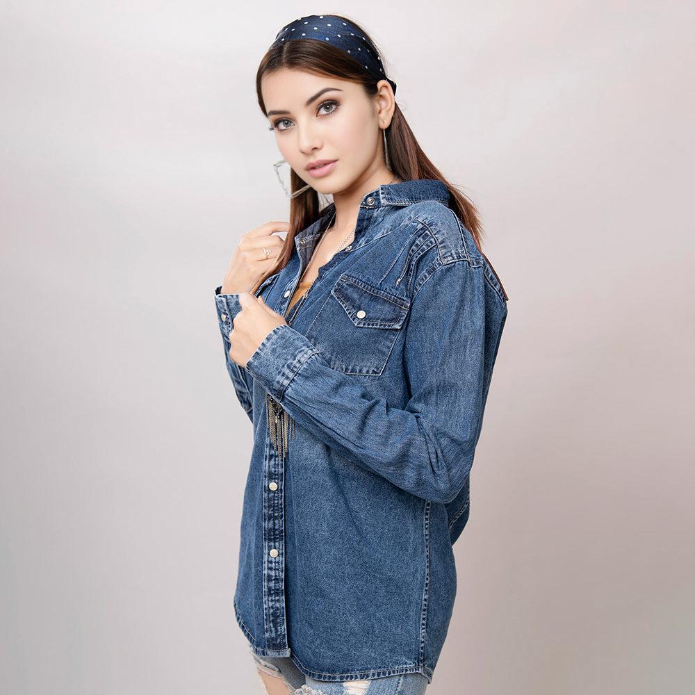 American Darling Leather Hand Tooled Carved Women Denim Shirt Jacket