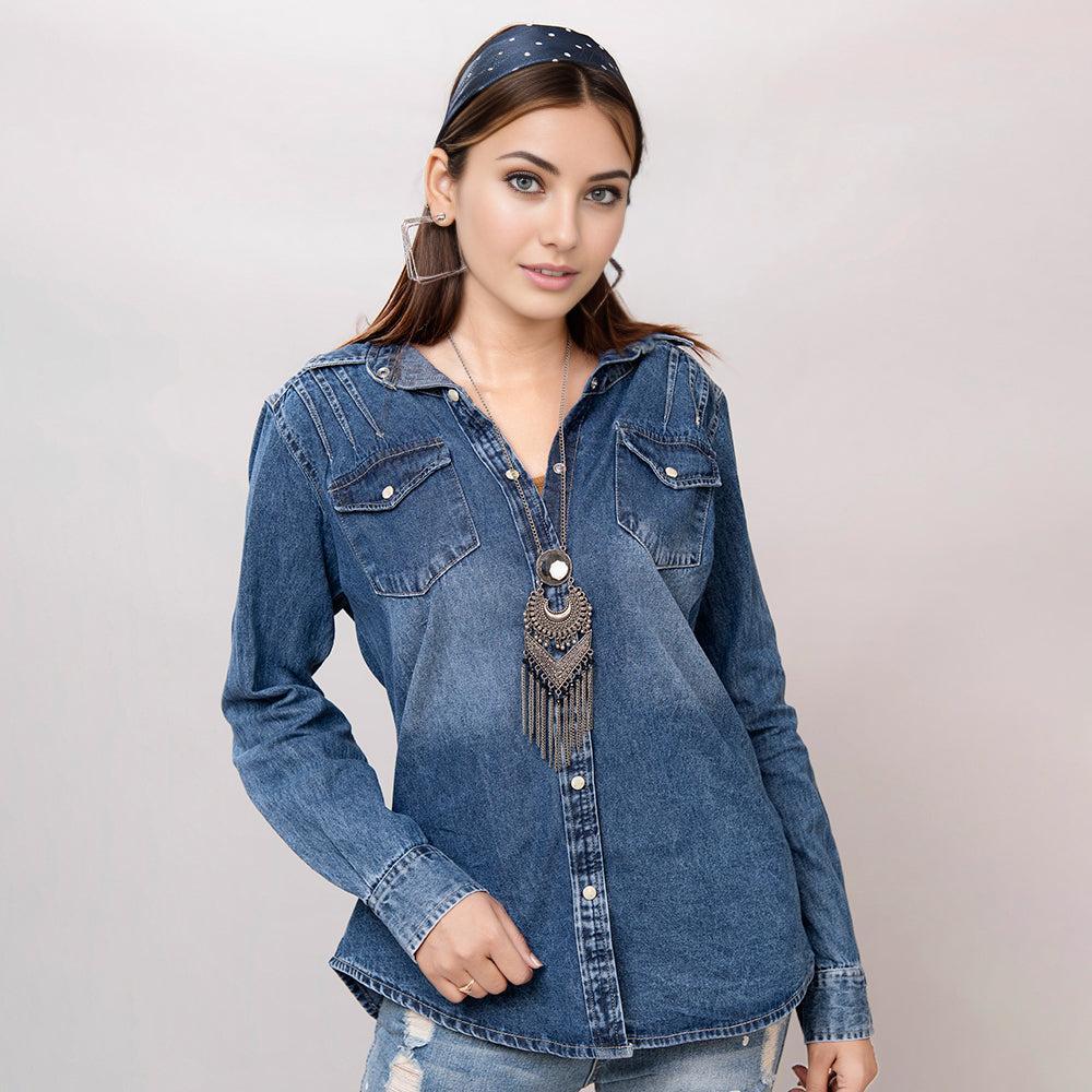 American Darling Leather Hand Tooled Carved Women Denim Shirt Jacket