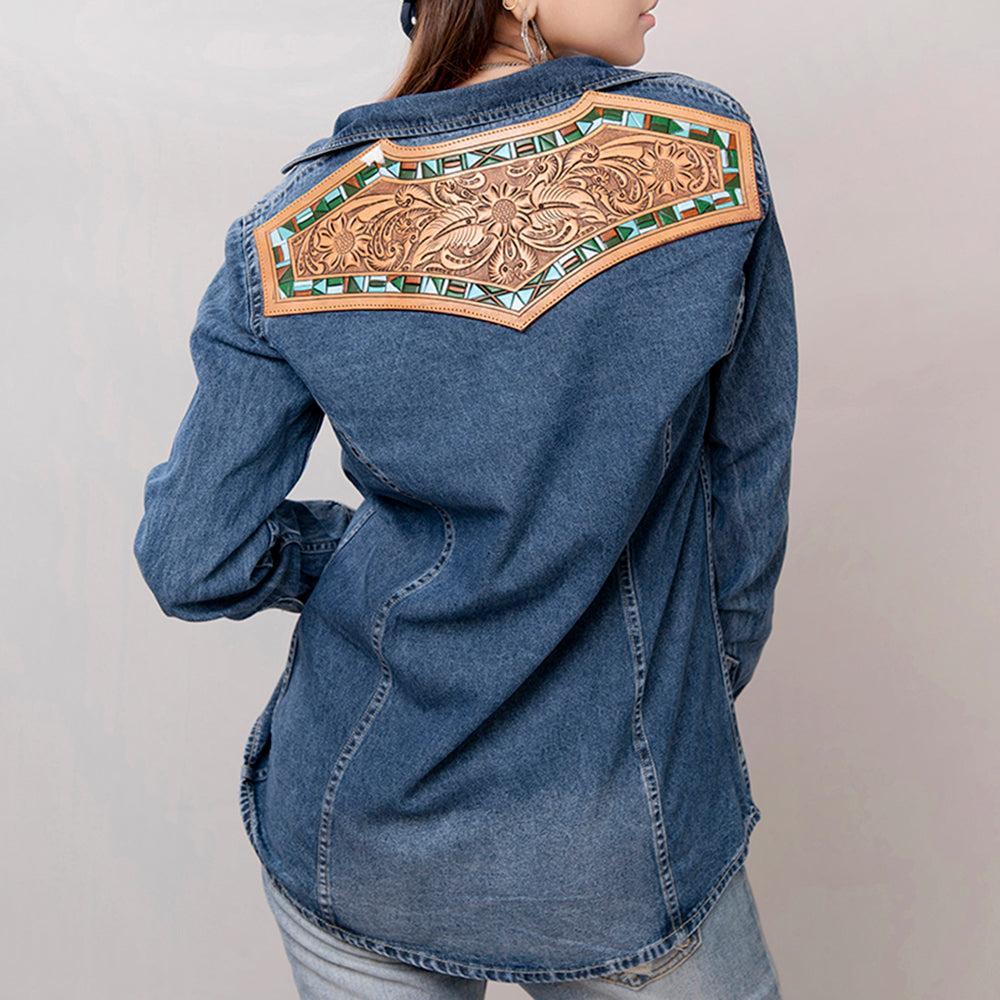 American Darling Leather Hand Tooled Carved Women Denim Shirt Jacket