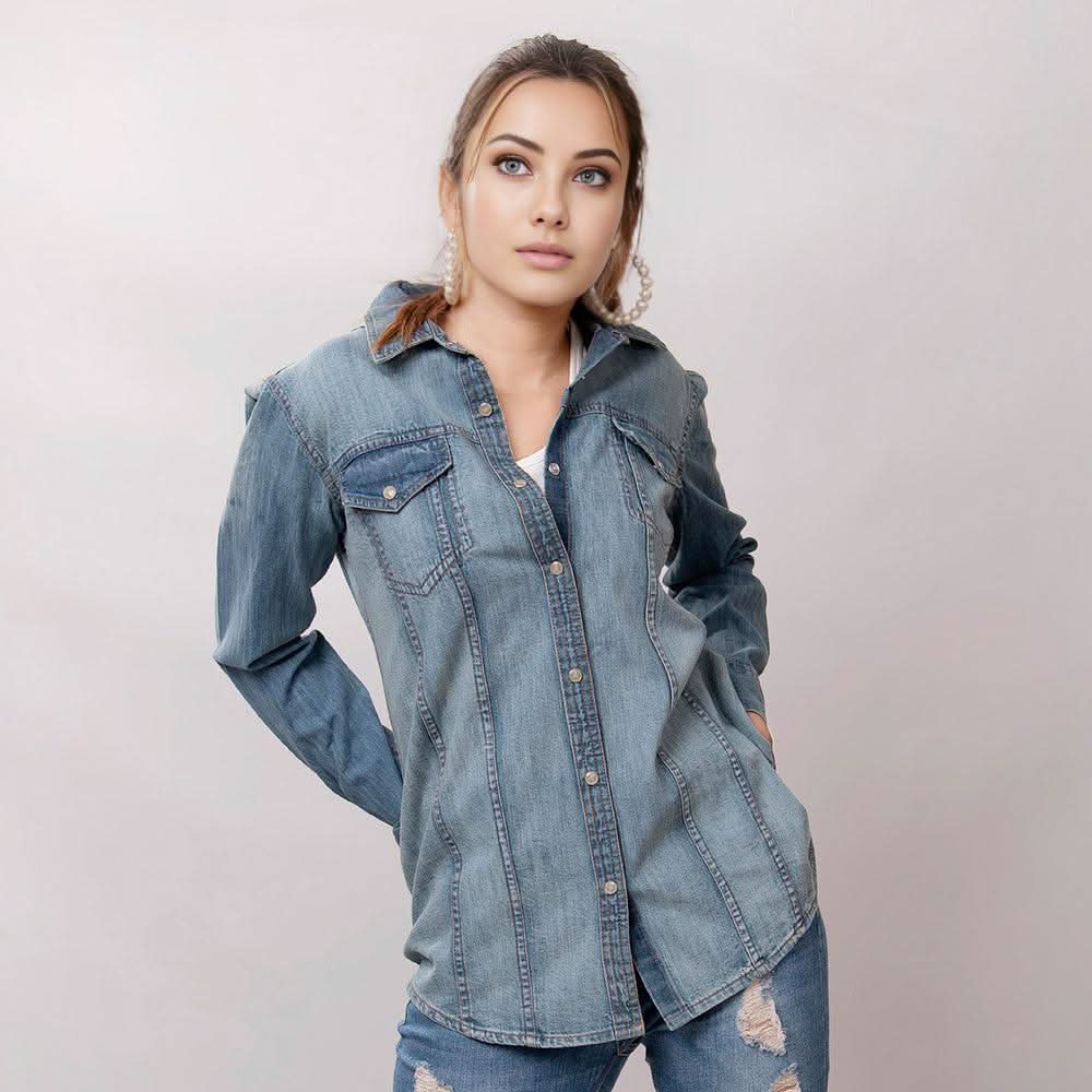 American Darling Leather Hand Tooled Carved Women Denim Shirt Jacket