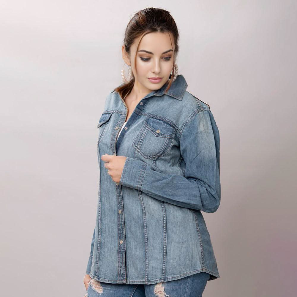 American Darling Leather Hand Tooled Carved Women Denim Shirt Jacket