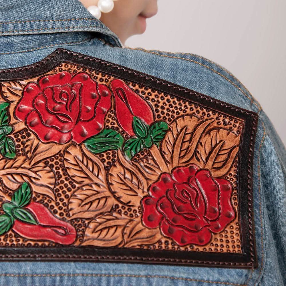 American Darling Leather Hand Tooled Carved Women Denim Shirt Jacket