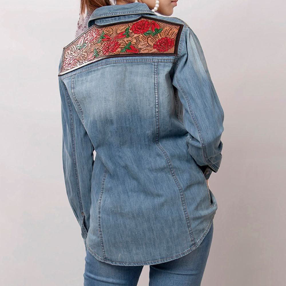 American Darling Leather Hand Tooled Carved Women Denim Shirt Jacket