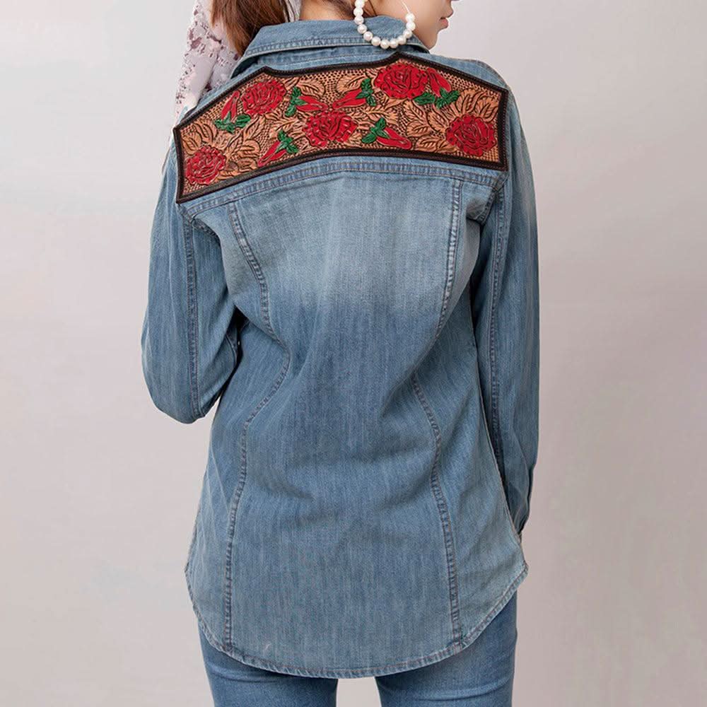 American Darling Leather Hand Tooled Carved Women Denim Shirt Jacket