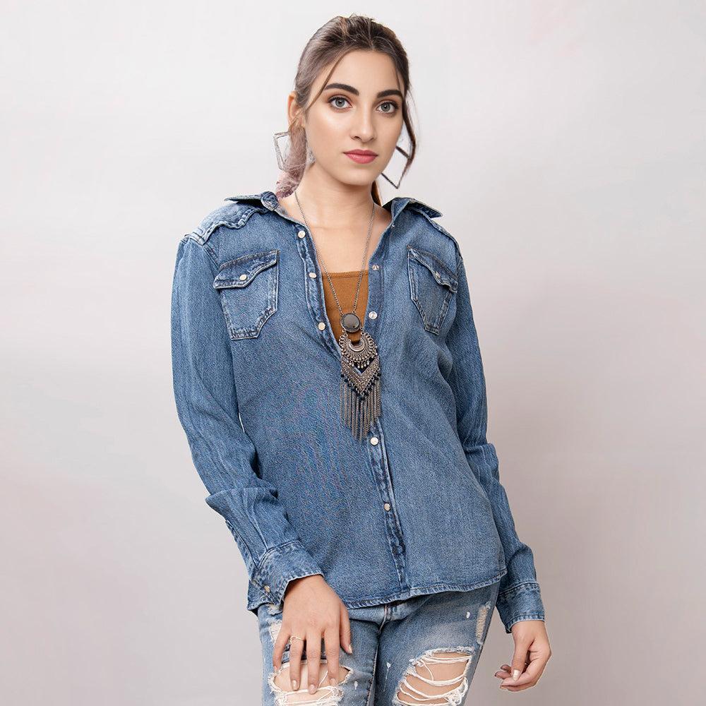 American Darling Leather Hand Tooled Carved Women Denim Shirt Jacket