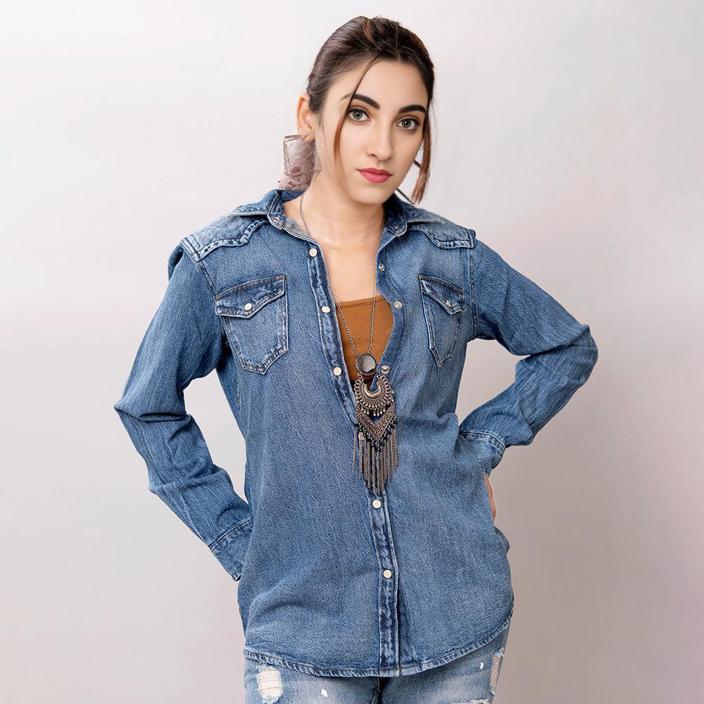 American Darling Leather Hand Tooled Carved Women Denim Shirt Jacket