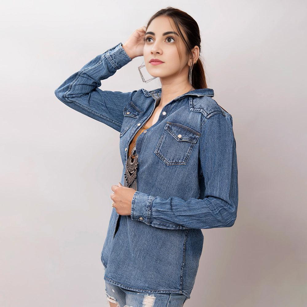 American Darling Leather Hand Tooled Carved Women Denim Shirt Jacket