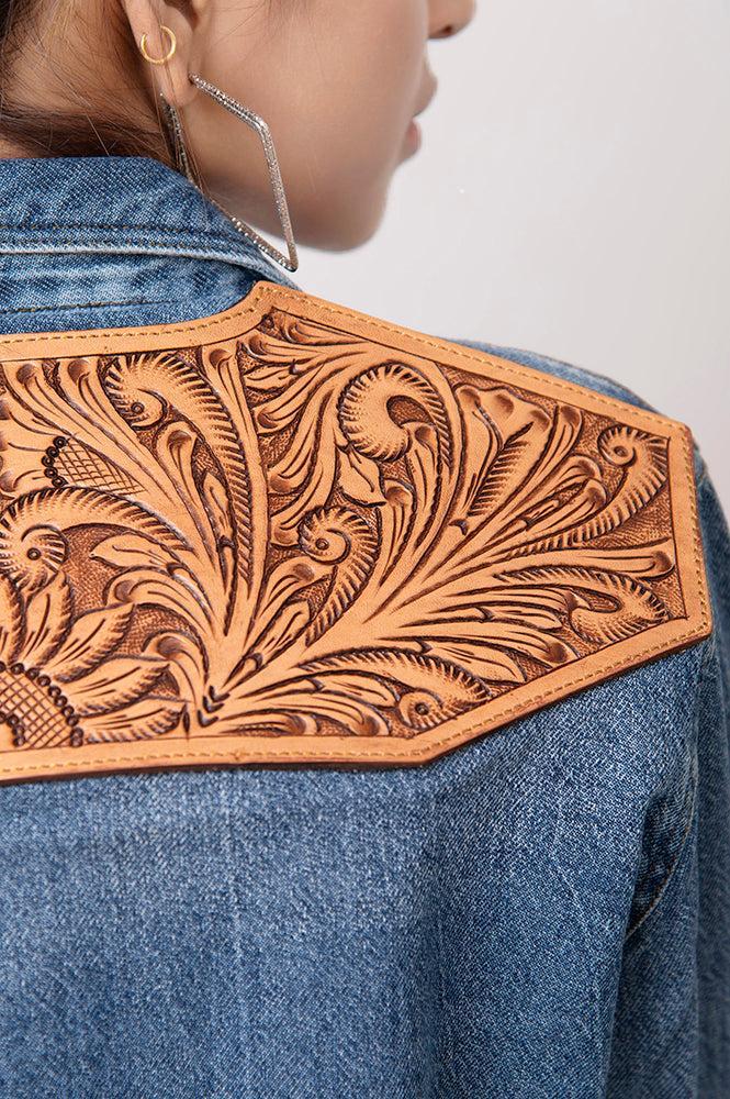 American Darling Leather Hand Tooled Carved Women Denim Shirt Jacket