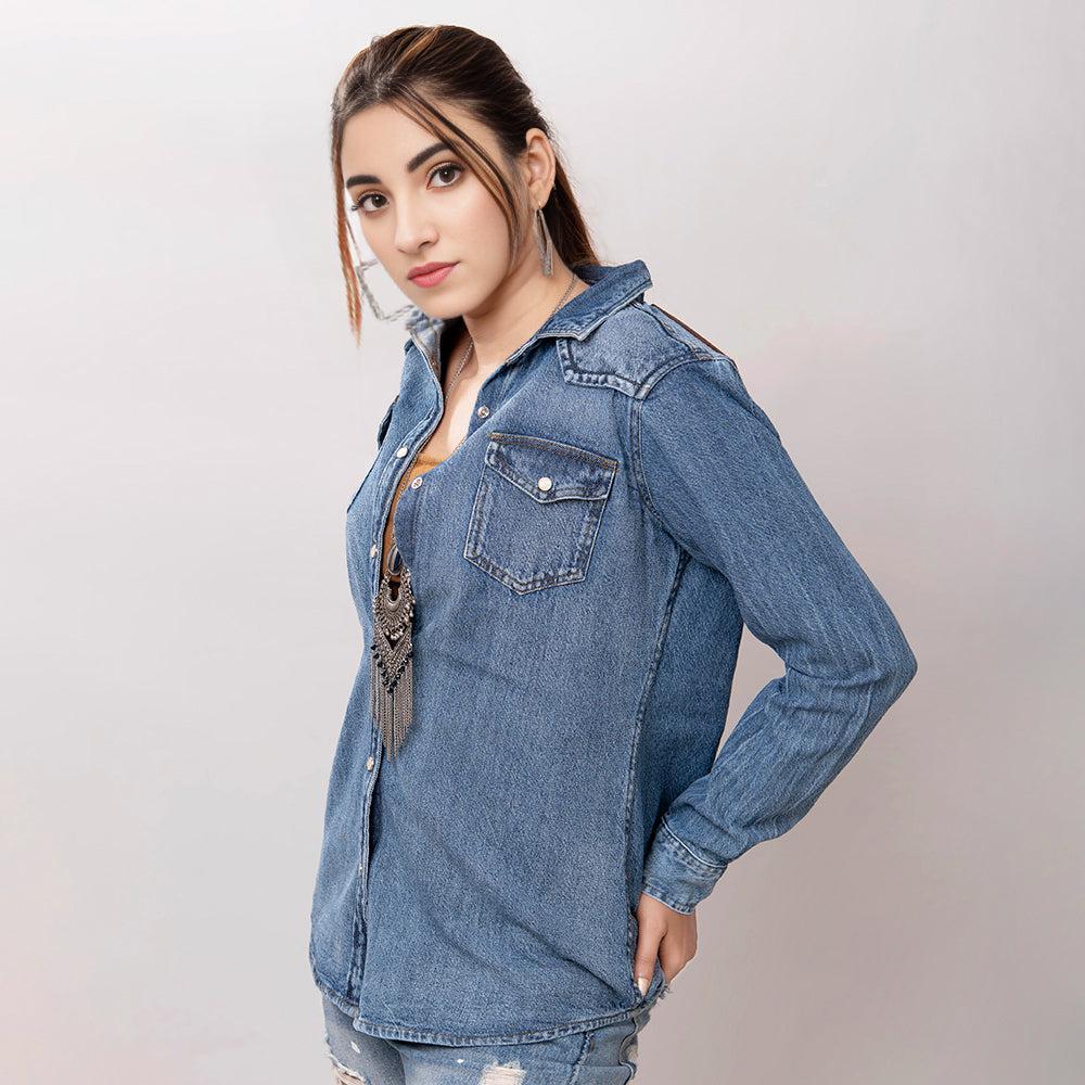 American Darling Leather Hand Tooled Carved Women Denim Shirt Jacket