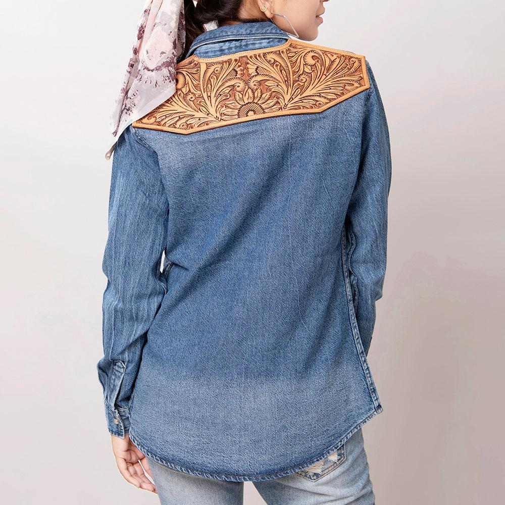 American Darling Leather Hand Tooled Carved Women Denim Shirt Jacket