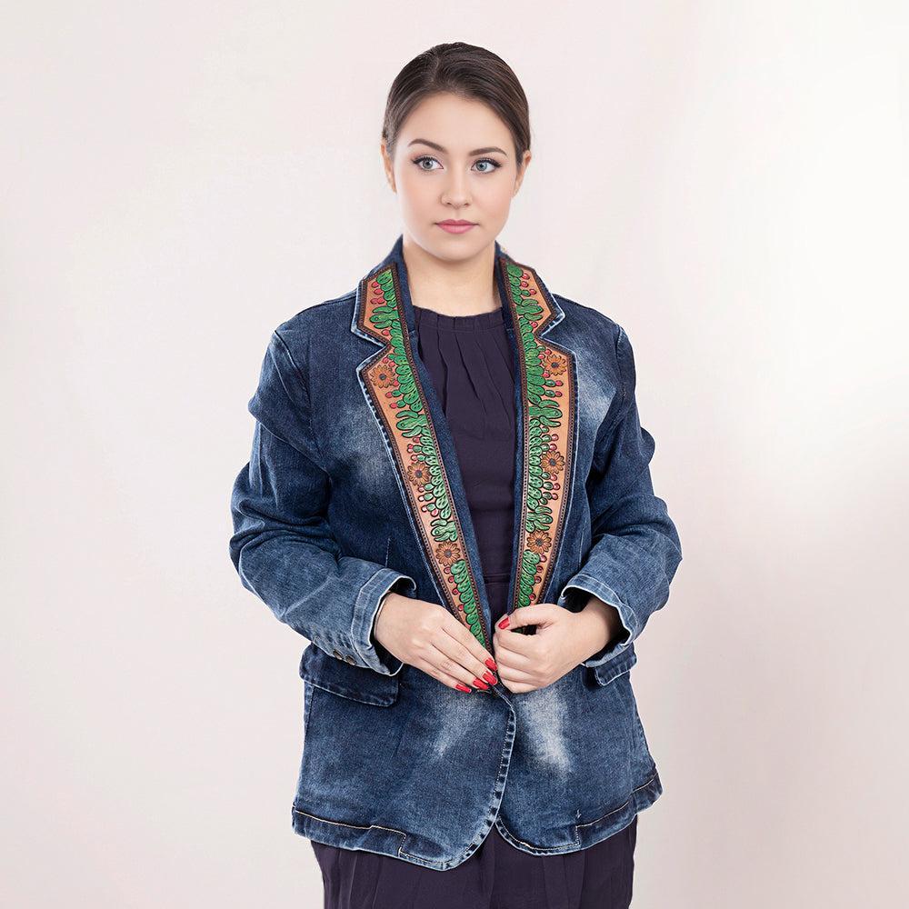 ADBZ017 Genuine leather Hand tooled hand carved Women 100% cotton Denim Blazer dress jacket ladies Girl