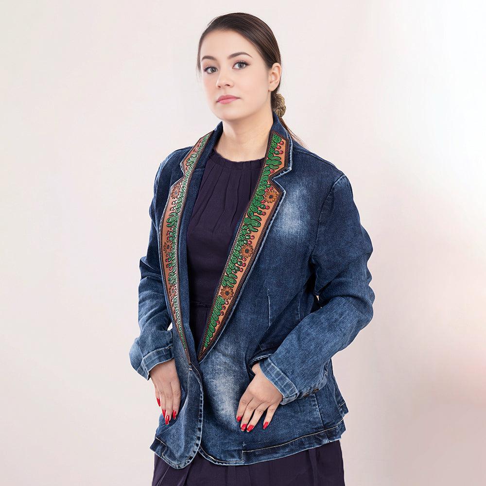 ADBZ017 Genuine leather Hand tooled hand carved Women 100% cotton Denim Blazer dress jacket ladies Girl