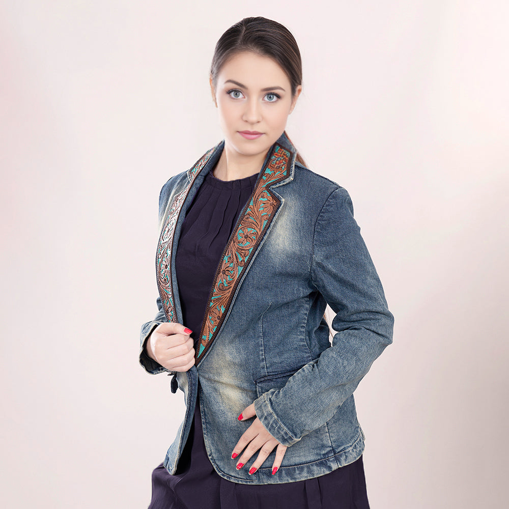 ADBZ018 Genuine leather Hand tooled hand carved Women 100% cotton Denim Blazer dress jacket ladies Girl