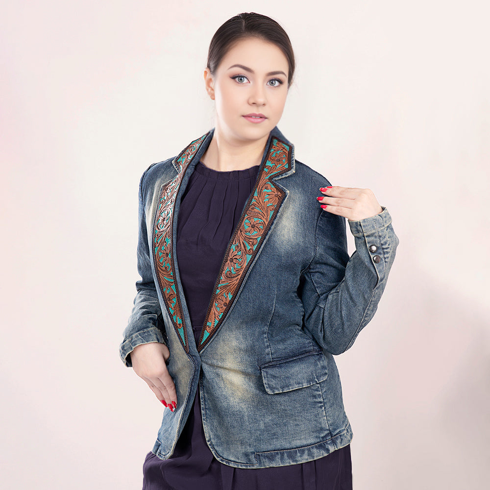 ADBZ018 Genuine leather Hand tooled hand carved Women 100% cotton Denim Blazer dress jacket ladies Girl