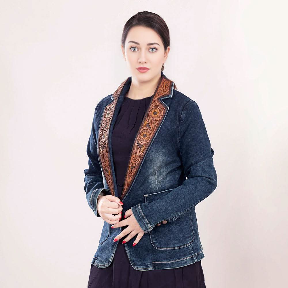 ADBZ021 Genuine leather Hand tooled hand carved Women 100% cotton Denim Blazer dress jacket ladies Girl