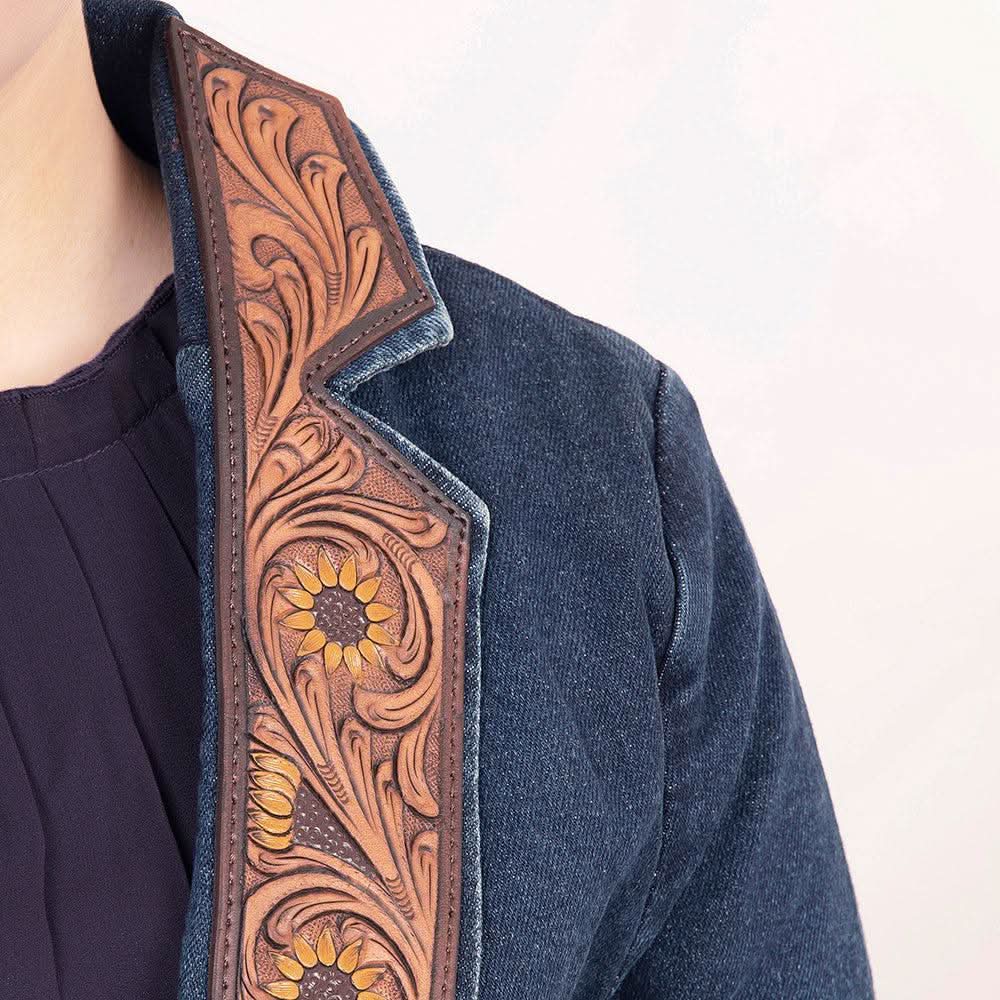ADBZ021 Genuine leather Hand tooled hand carved Women 100% cotton Denim Blazer dress jacket ladies Girl