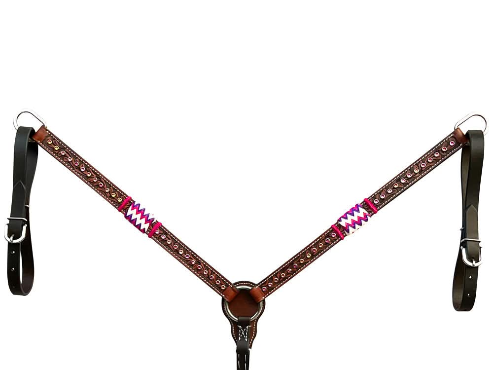 Bar H Equine Horse Genuine Leather RawHide Stud Breast Collar ,Headstall Brown