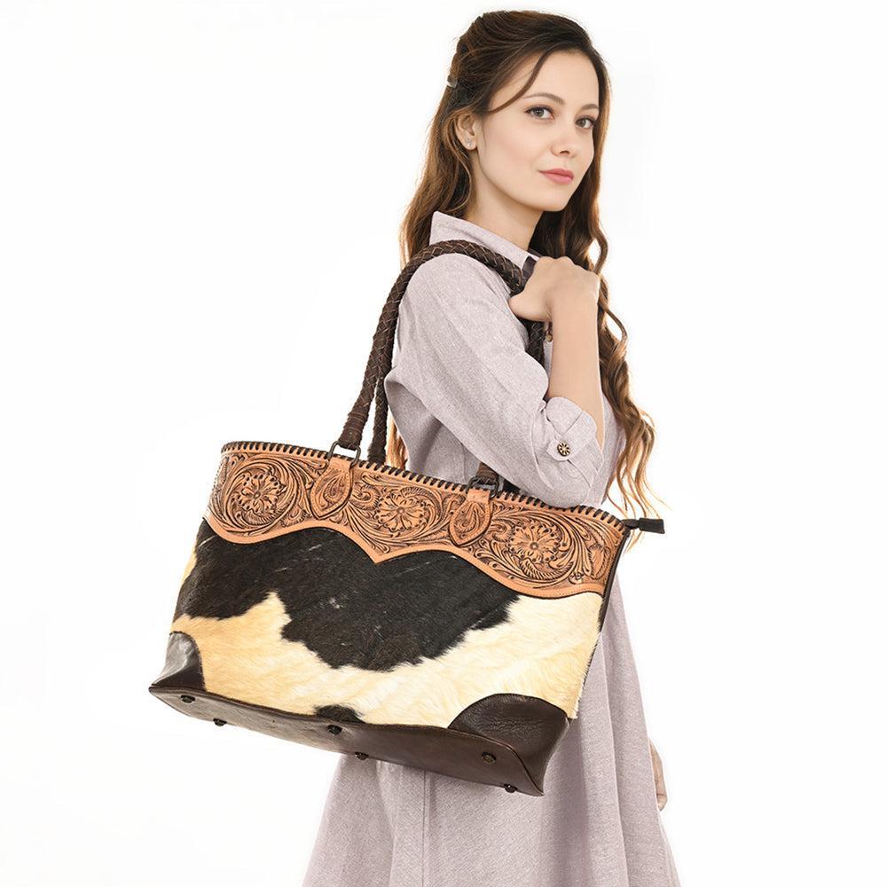 American Darling ADBGZ649A Tote Hand Tooled Hair-On Genuine Leather Women Bag Western Handbag Purse