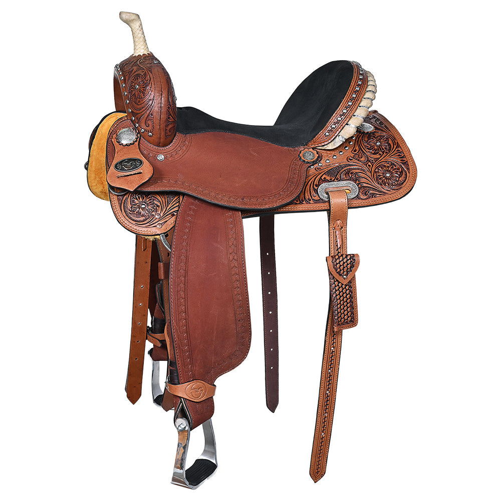 Comfytack Western Horse Barrel Racing Trail Pleasure American Leather Saddle Tack Set With Reins Brown