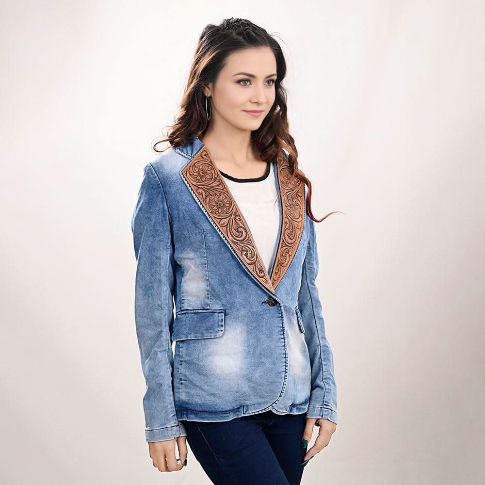 ADBZ702 Genuine leather Hand tooled hand carved Women 100% cotton Denim Blazer dress jacket ladies Girl