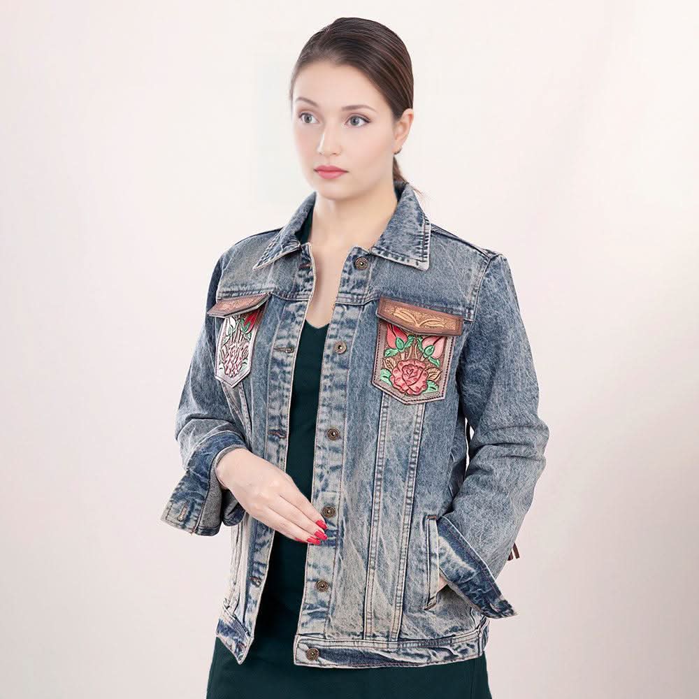 ADJKT003 Genuine leather Hand tooled hand carved Women 100% cotton Denim jacket  dress ladies girl
