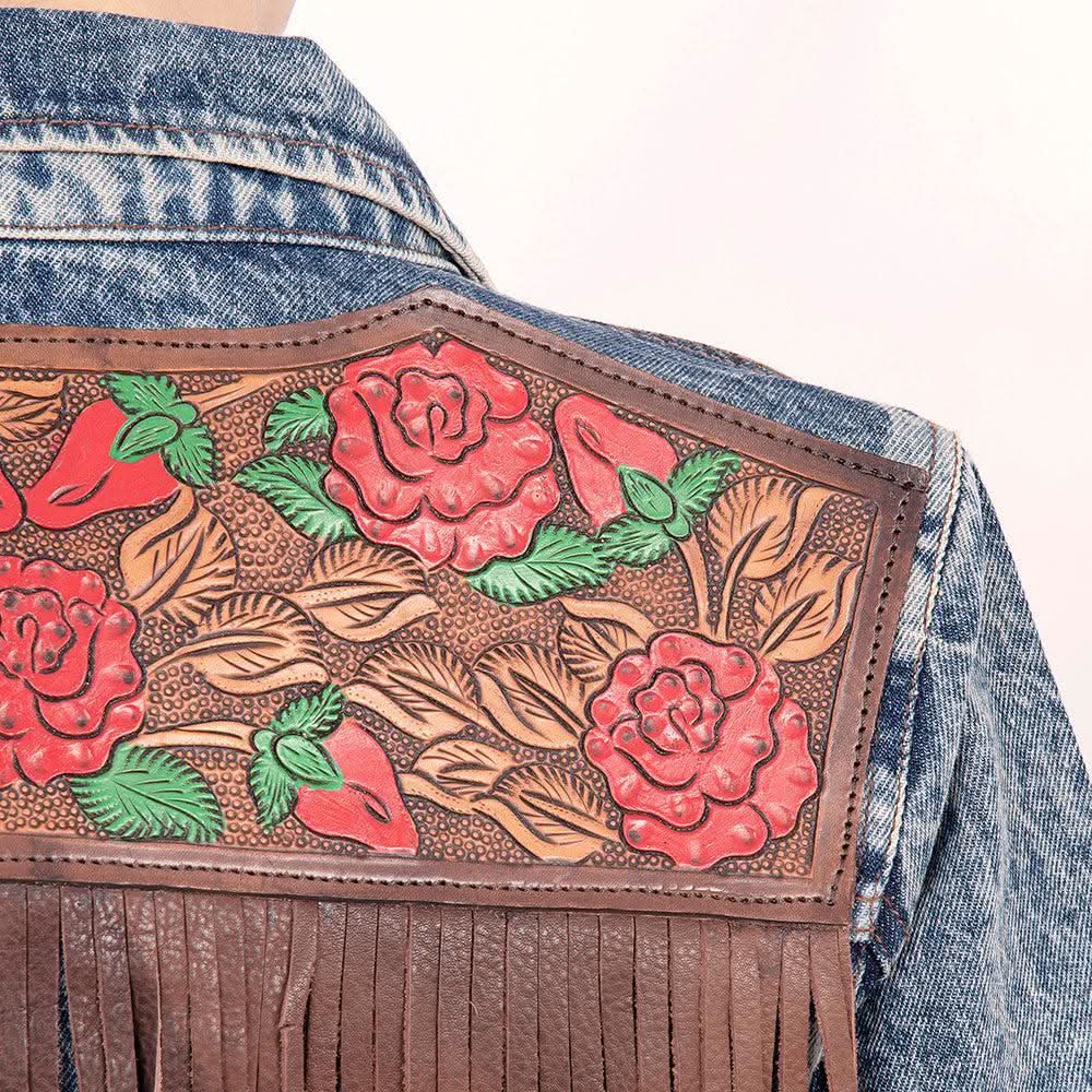 ADJKT003 Genuine leather Hand tooled hand carved Women 100% cotton Denim jacket  dress ladies girl