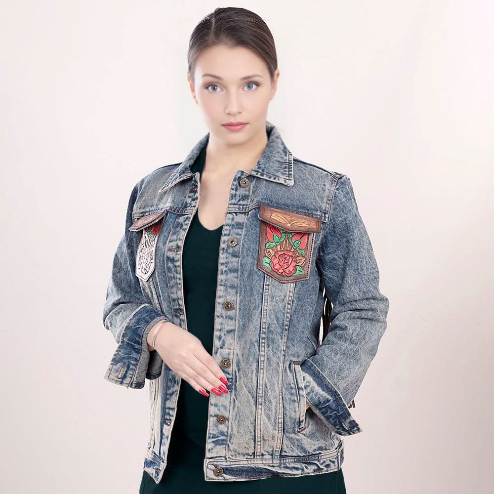 ADJKT003 Genuine leather Hand tooled hand carved Women 100% cotton Denim jacket  dress ladies girl
