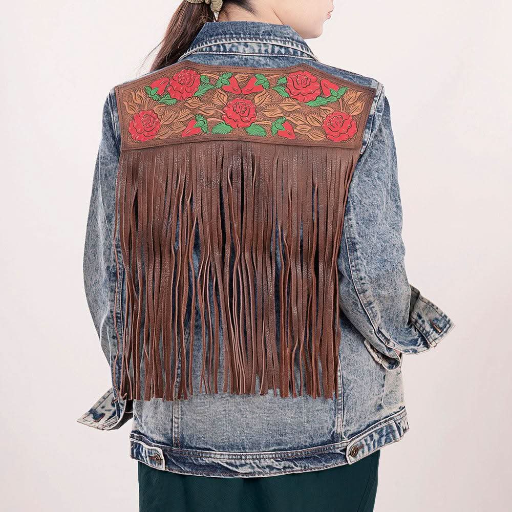 ADJKT003 Genuine leather Hand tooled hand carved Women 100% cotton Denim jacket  dress ladies girl
