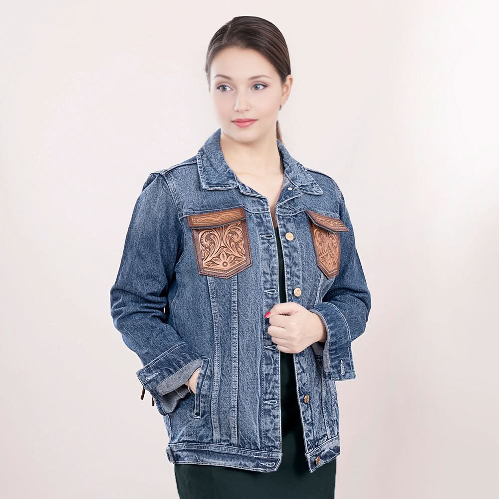 ADJKT004 Genuine leather Hand tooled hand carved Women 100% cotton Denim jacket  dress ladies girl