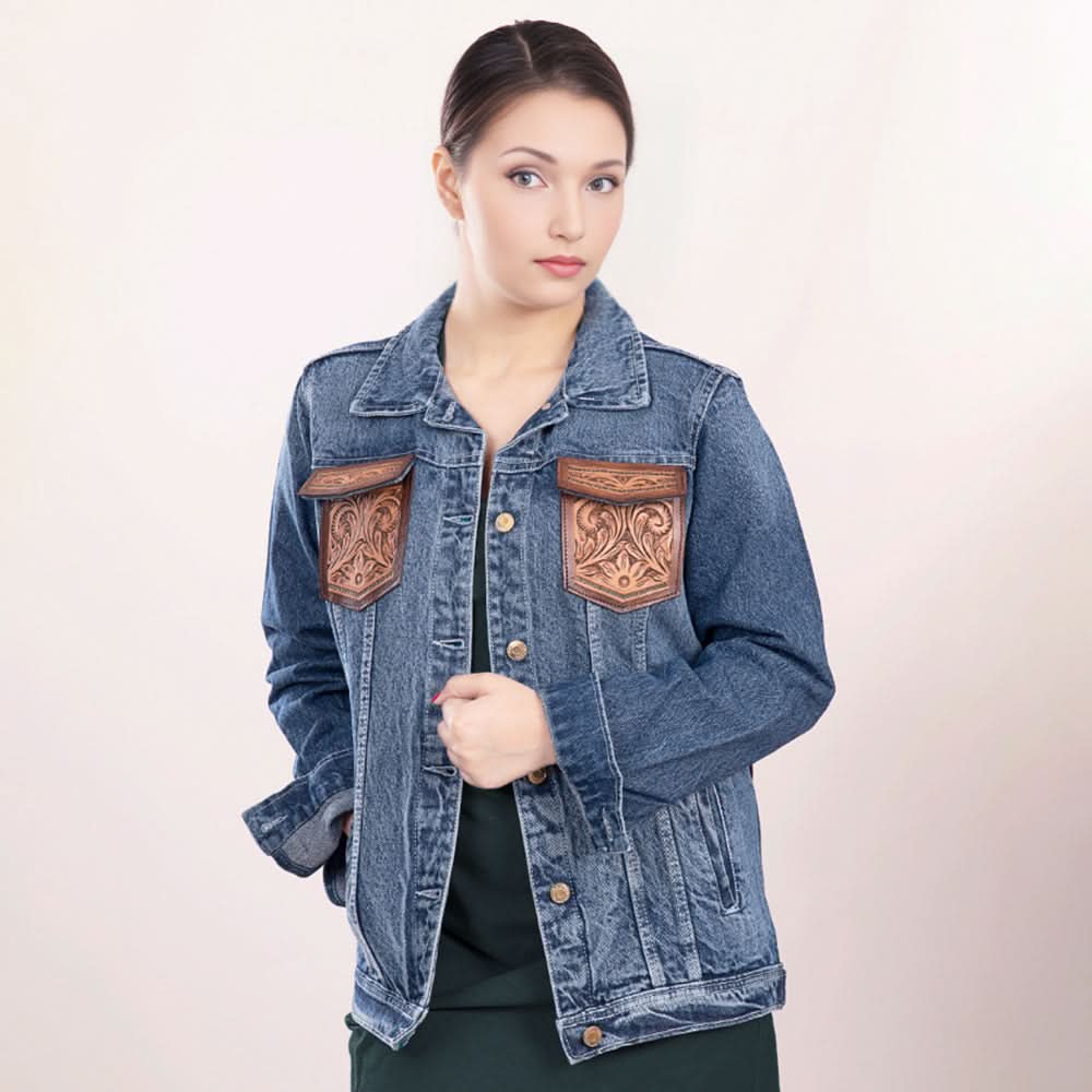 ADJKT004 Genuine leather Hand tooled hand carved Women 100% cotton Denim jacket  dress ladies girl