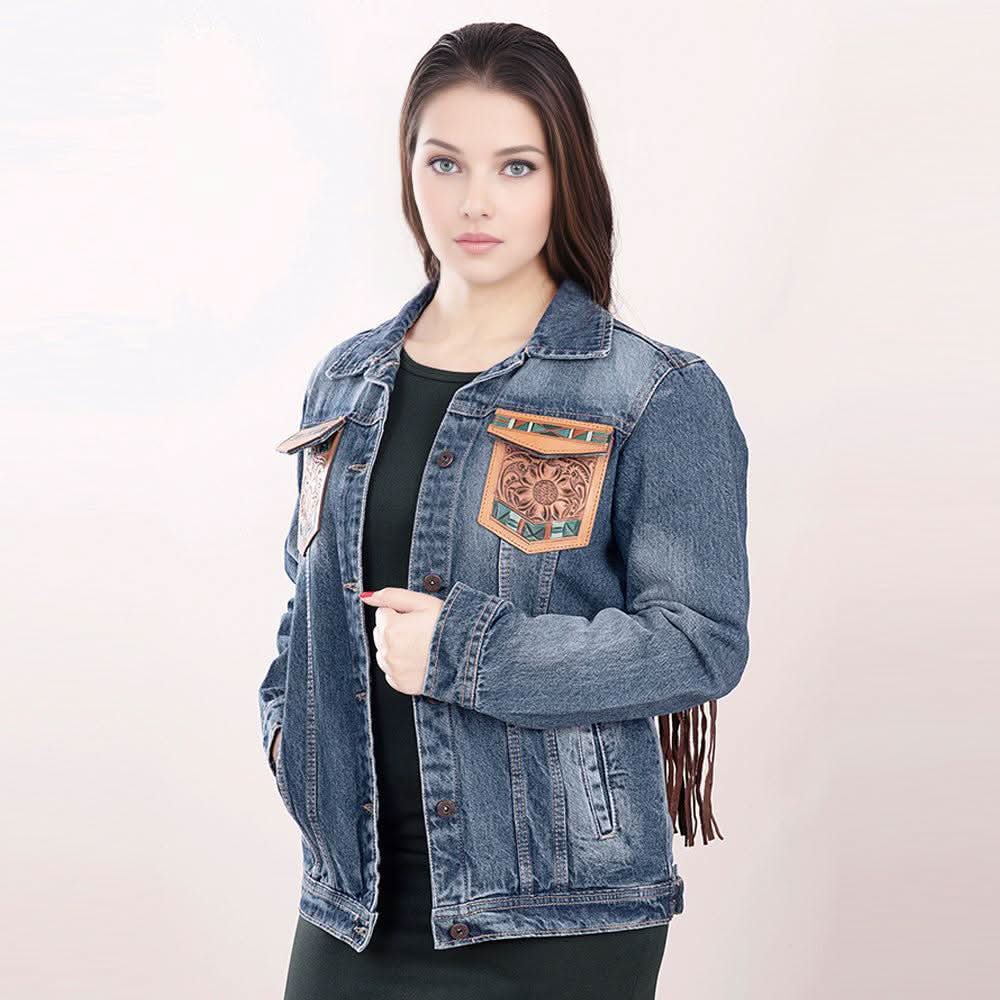 ADJKT006 Genuine leather Hand tooled hand carved Women 100% cotton Denim jacket  dress ladies girl