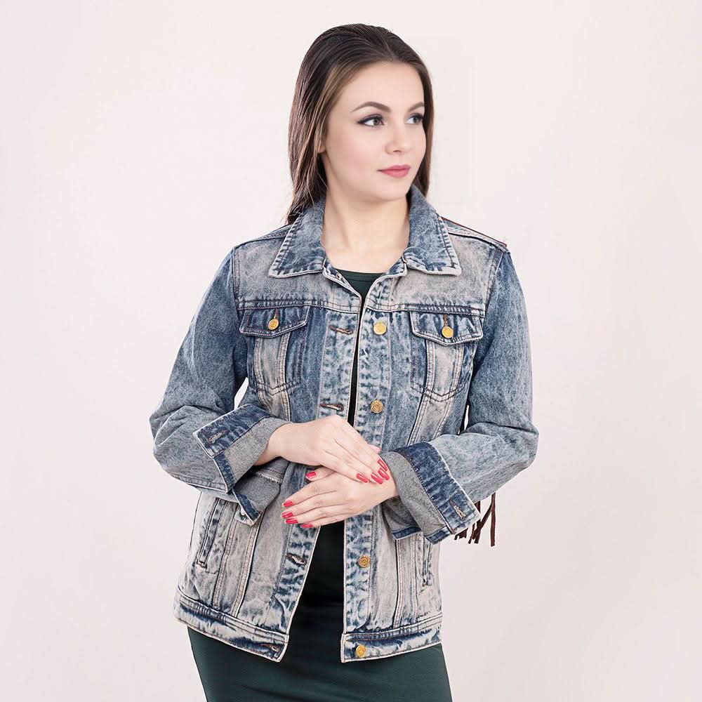 ADJKT014 Genuine leather Hand tooled hand carved Women 100% cotton Denim jacket  dress ladies girl