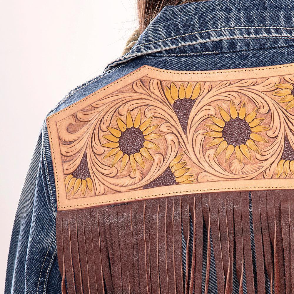 ADJKT016 Genuine leather Hand tooled hand carved Women 100% cotton Denim jacket  dress ladies girl